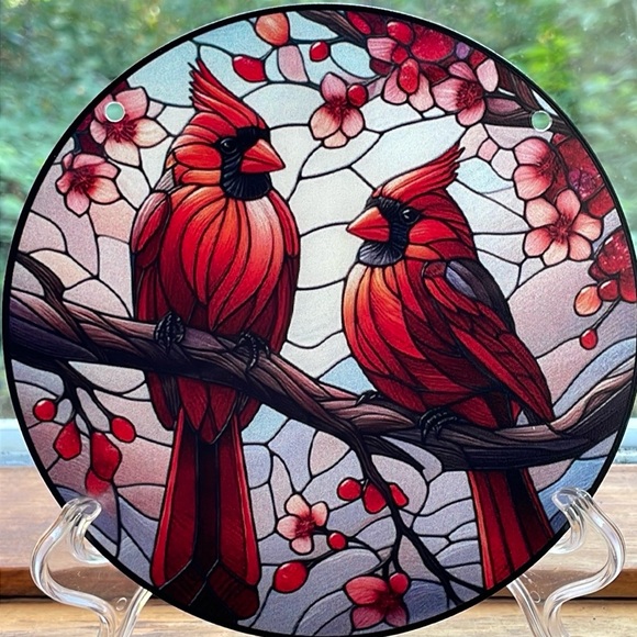 Suncatcher Cardinal Birds Acrylic Red Floral Leaves 6” Faux Stained Gifts - Picture 1 of 3